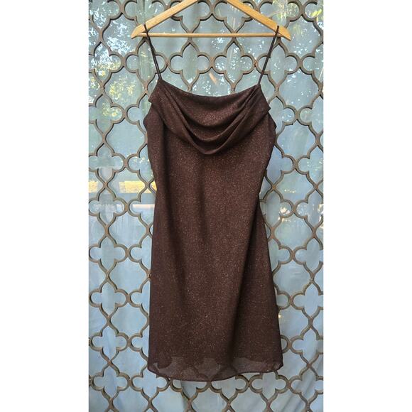 Onyx Nite Vintage 90s Y2K Fairy Whimsigoth Hoco Cowl Neck Brown Sparkle Dress 14 - Picture 1 of 12